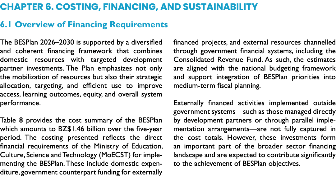 Chapter 6. Costing, Financing, and Sustainability 6.1 Overview of Financing Requirements The BESPlan 2026–2030 is sup...