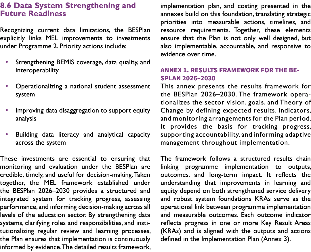 8.6 Data System Strengthening and Future Readiness Recognizing current data limitations, the BESPlan explicitly links...