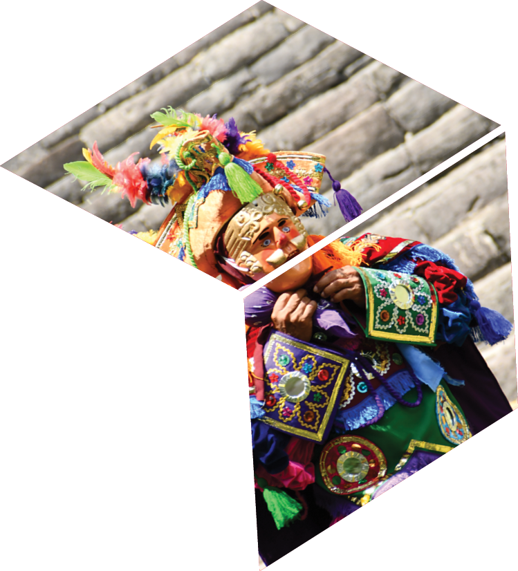A person wearing a colorful costume with a feather hat. Description generated by AI