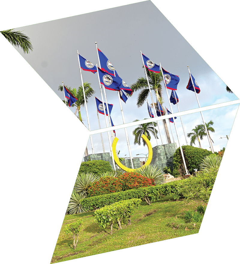 A group of flags are flying in front of a building. Description generated by AI
