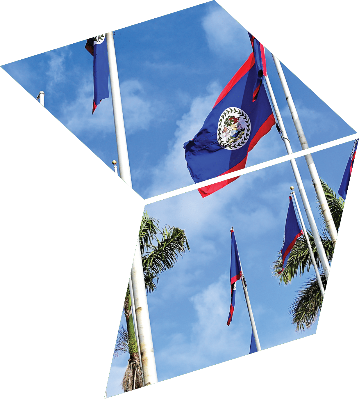 A row of flags in front of a blue sky. Description generated by AI