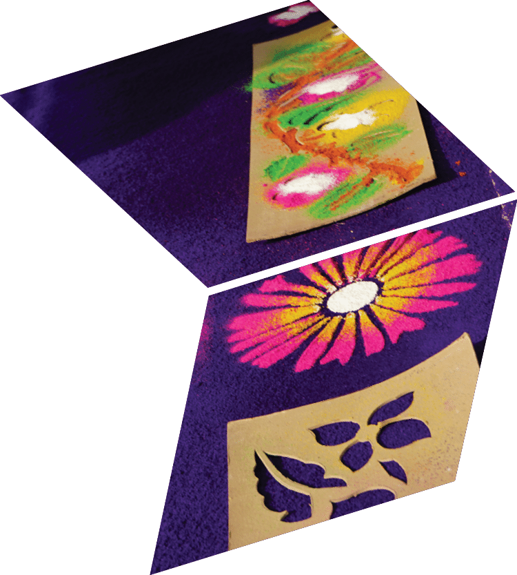 A person is standing on a purple carpet with a paper flower design. Description generated by AI