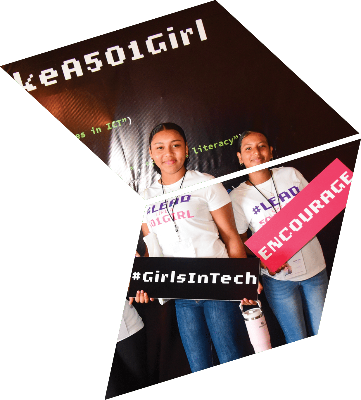 Three girls holding up signs that say “Expose" and "Girls in Tech". Description generated by AI