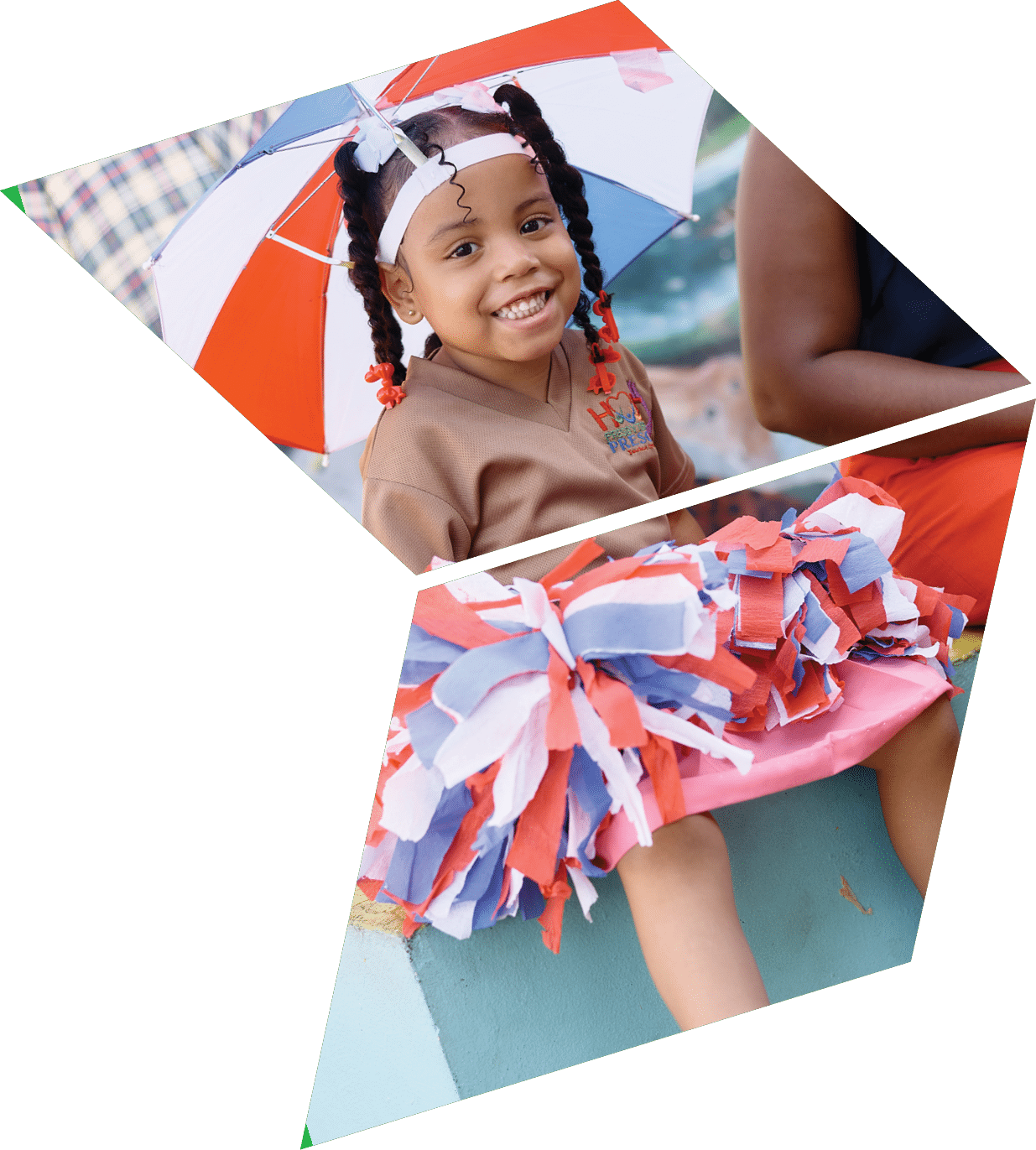 A little girl wearing a red, white, and blue umbrella hat. Description generated by AI