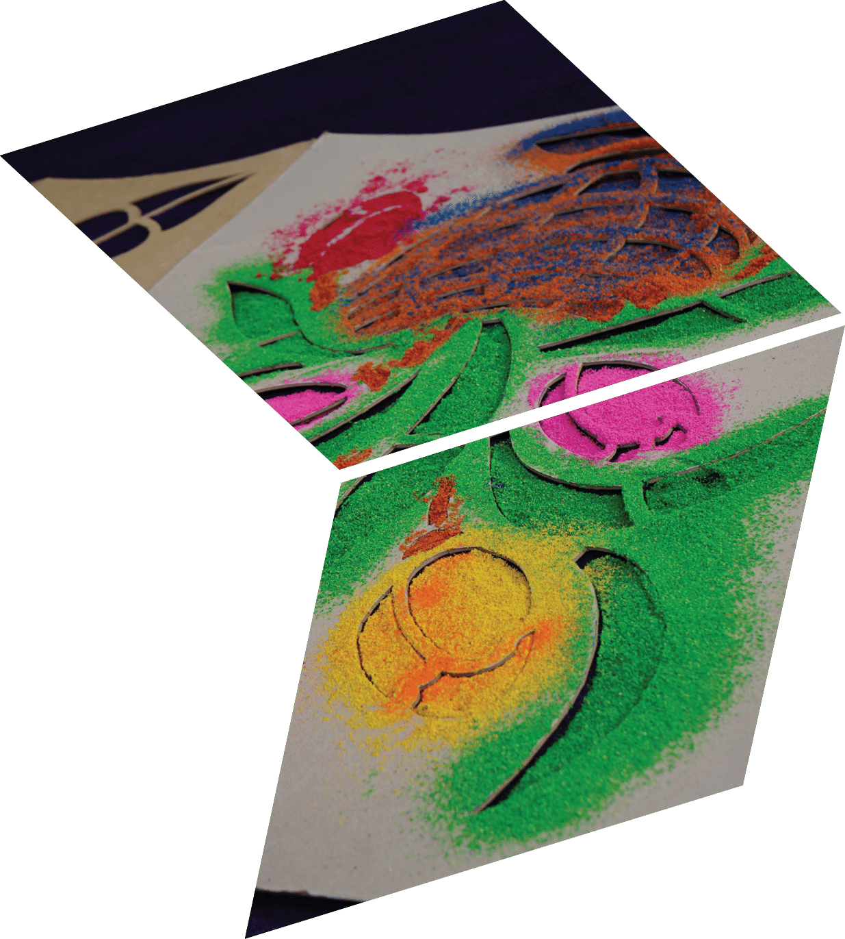 A colorful painting with green, yellow, orange, and pink colors. Description generated by AI